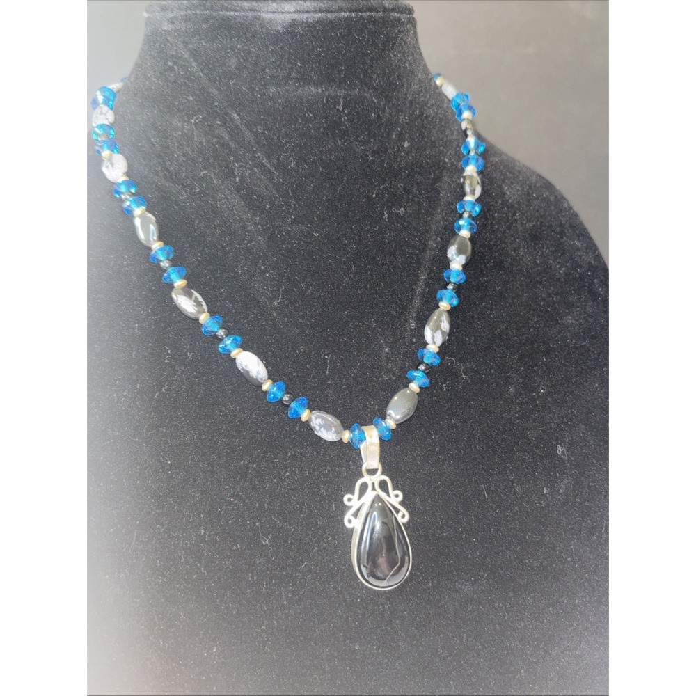 Black Onyx And Sterling Silver Pendant On Black Obsidian, Blue Beaded Necklace